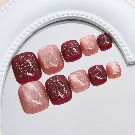 Glamorous Twilight Short Square Press On Toenail Set in Sparkling Burgundy and Rose Gold with Glittery Finish