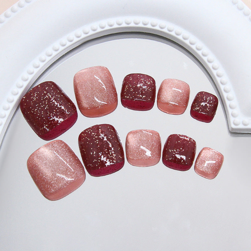 Glamorous Elegance Short Square Burgundy and Pink Glitter Press On Toenail Set for Stunning Occasions