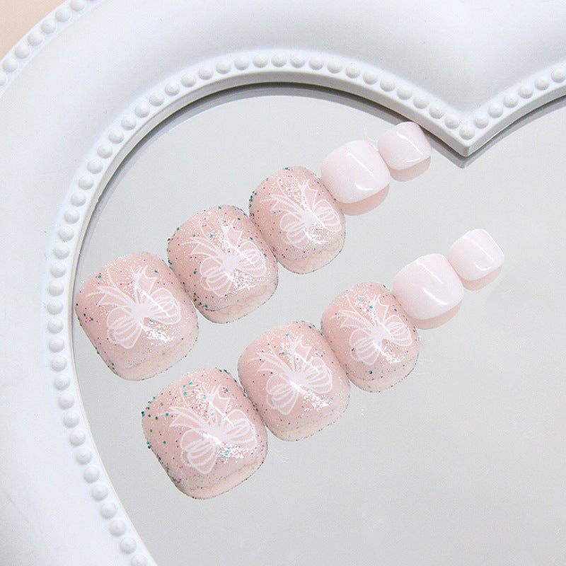 Butterfly Dream Press On Toenail Set Short Square Blush Pink Sparkle with Delicate Floral Design