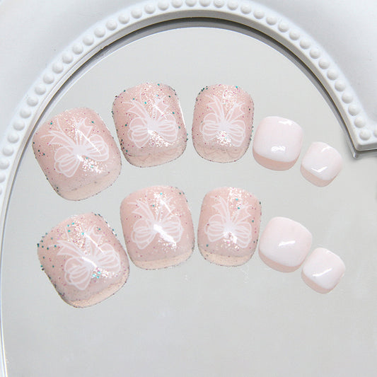 Whimsical Elegance Short Square Press On Toenail Set in Soft Pink with Glitter and Delicate Butterfly Design
