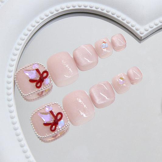 Charming Elegance Short Square Blush Pink Press On Toenail Set with Dazzling Gem Embellishments