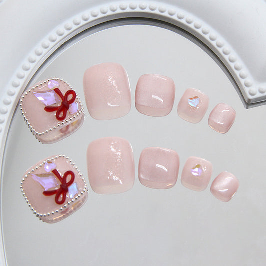 Charming Gift Box Inspired Short Square and Oval Light Pink Press On Toenail Set with Ribbon and Gemstone Accents