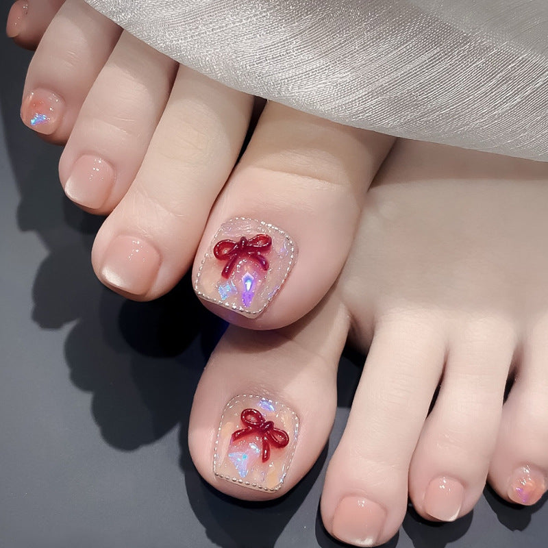 Charming Celebration Short Square Clear Glitter Press-On Toenail Set with Red Ribbon Accent