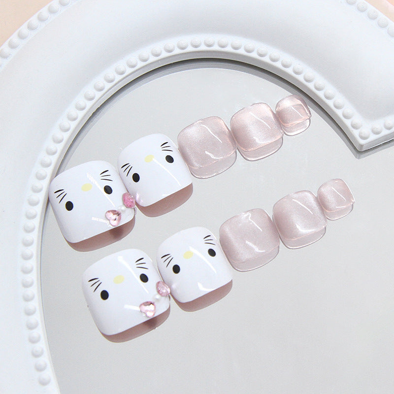 Whimsical Kitty Themed Short Square White And Pink Press On Toenail Set With Sparkling Accents