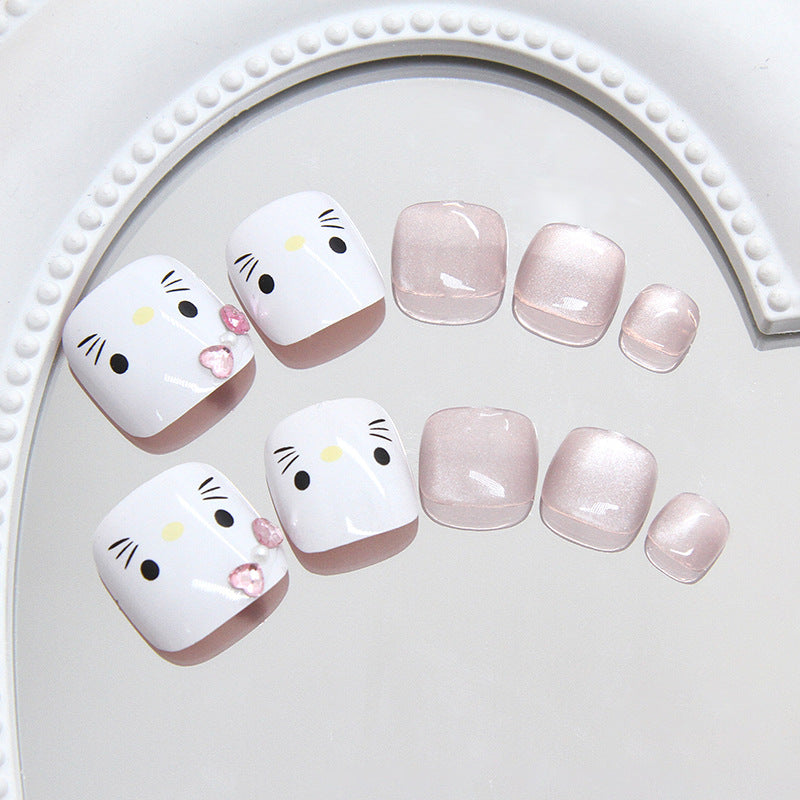 Whimsical Charm Short Square White and Pink Press On Toenail Set with Sparkling Accents