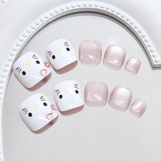 Whimsical Charm Short Square White and Pink Press On Toenail Set with Sparkling Accents
