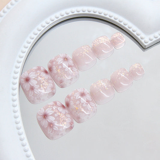 Blossom Enchantment Short Square Pink Floral Design with Shimmering Glitter Press On Toenail Set