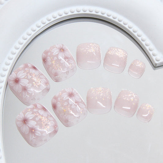 Blossom Delight Short Square Pink Press On Toenail Set with Floral Glitter Design