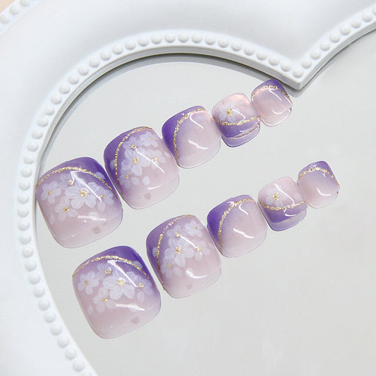 Enchanted Garden Short Square Purple Ombre Floral Toenail Set with Elegant Gold Accents