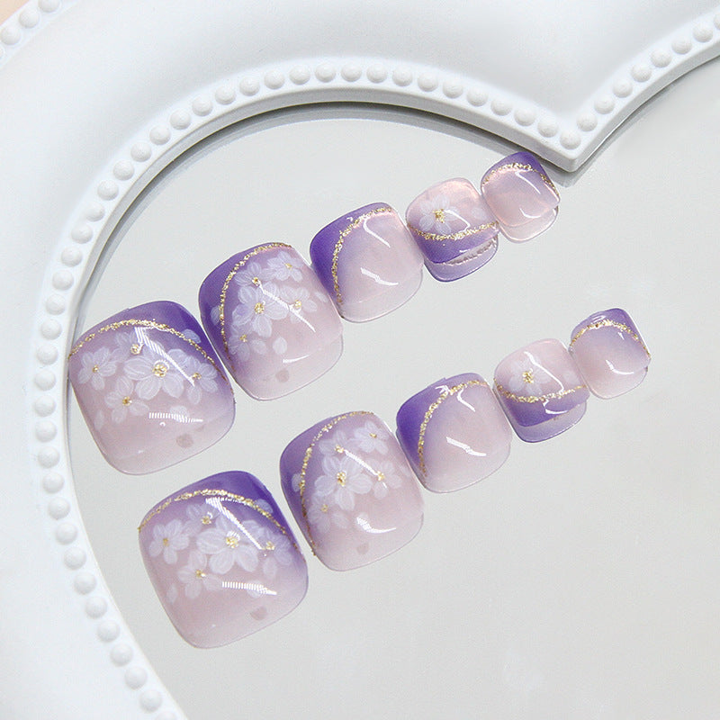 Enchanted Garden Short Square Purple Ombre Press On Toenail Set with Delicate Floral Design