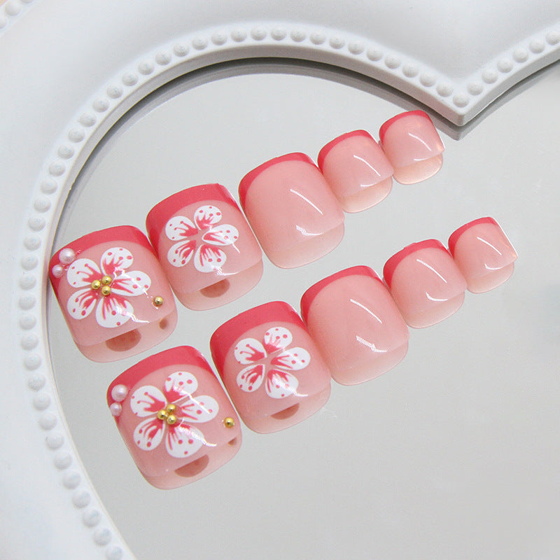 Floral Fantasy Short Square Pink Press-On Toenail Set with Elegant Flower Accents