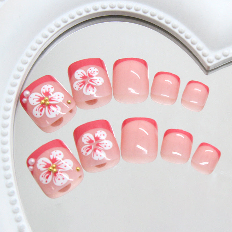 Blossom Dream Short Square Pink Gradient Press on Toenail Set with Floral Accents