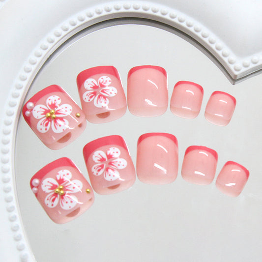 Blossom Dream Short Square Pink Gradient Press on Toenail Set with Floral Accents