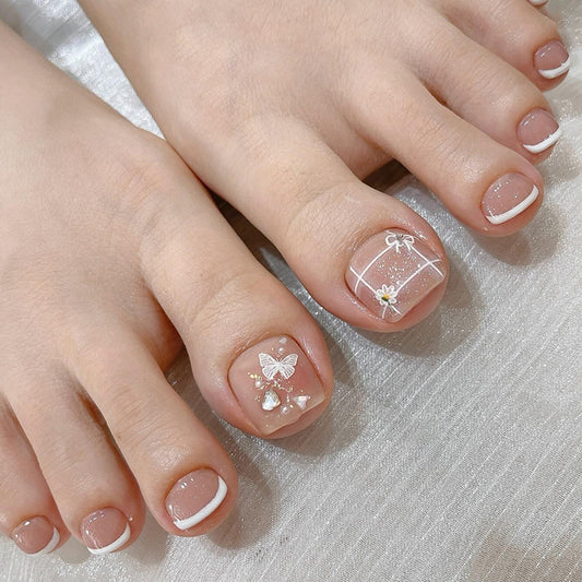 Whimsical Blossom Elegant Short Square Natural Beige Toenail Press Set with Charming Butterfly and Floral Designs