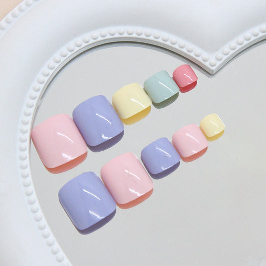 Whimsical Pastel Square and Round Press On Toenail Set in Short Length with Glossy Finish for Vibrant Summer Vibes
