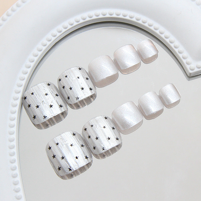 Celestial Dream Press On Toenail Set Medium Square Shimmery White with Star Accents