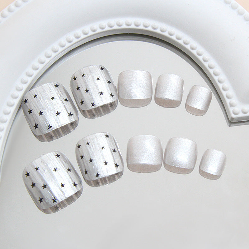 Celestial Dream Press On Toenail Set Short Square Shimmering Silver with Starry Design