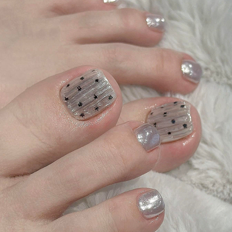 Celestial Charm Short Square Glittery Silver Press On Toenail Set with Starry Design
