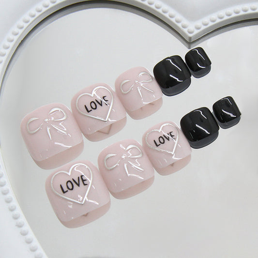 Charming Love Themed Short Square Pink and Black Press On Toenail Set Featuring Heart and Bow Designs