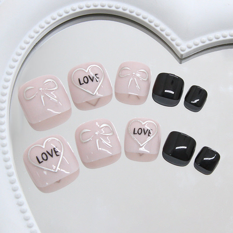 Charming Romance Short Square Pink and Black Press On Toenail Set with Heart and Bow Design
