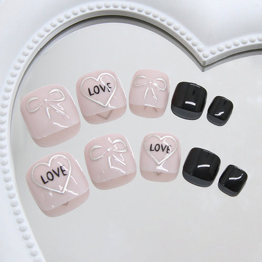 Charming Romance Short Square Pink and Black Press On Toenail Set with Heart and Bow Design