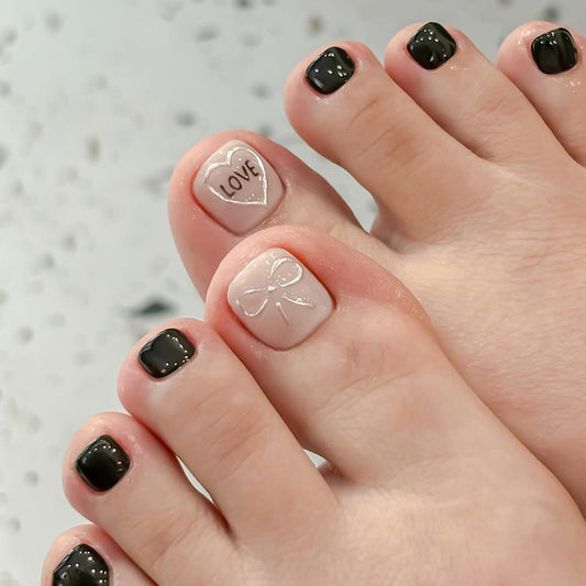 Chic Elegance Short Square Glossy Black and Soft Beige with Adorable Heart and Bow Designs Press-On Toenail Set