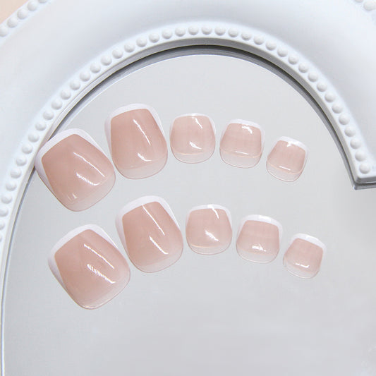 Dreamy Elegance Square Short Blush Pink Press-On Toenails with Chic White Tips