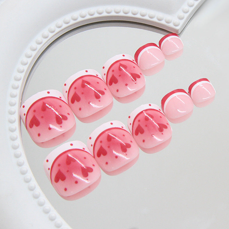 Sweetheart Blossom Short Square Pink Gradient Toenail Set with Adorable Heart Design