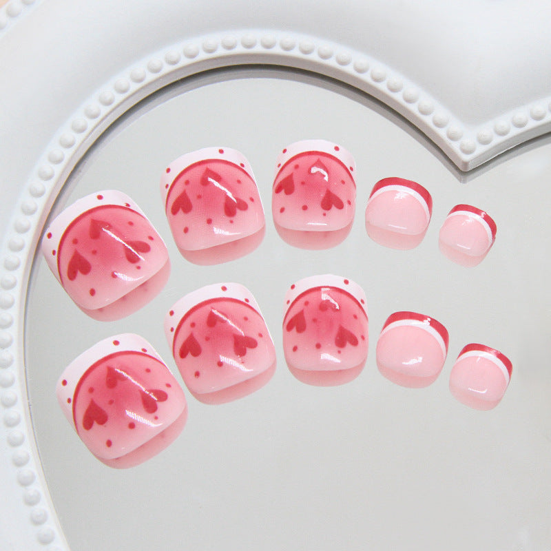 Sweetheart Bliss Pink Short Square Press-On Toenail Set with Heart Pattern Design