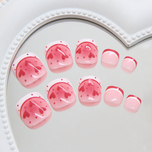Sweetheart Bliss Pink Short Square Press-On Toenail Set with Heart Pattern Design