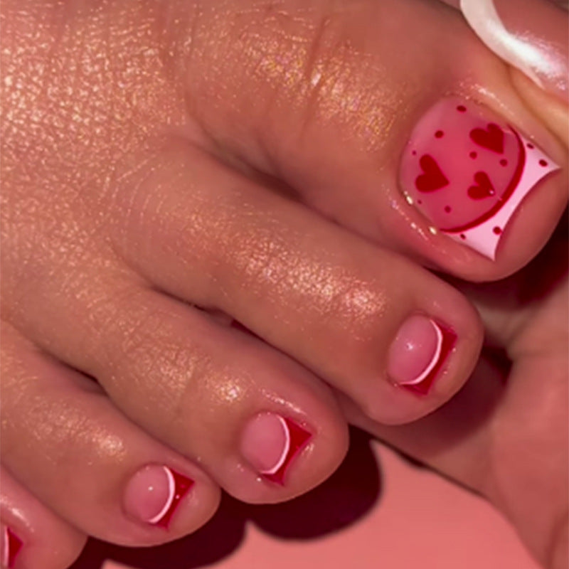 Romantic Heartfelt Short Square Pink and Red Press-on Toenail Set with Stunning Heart Patterns