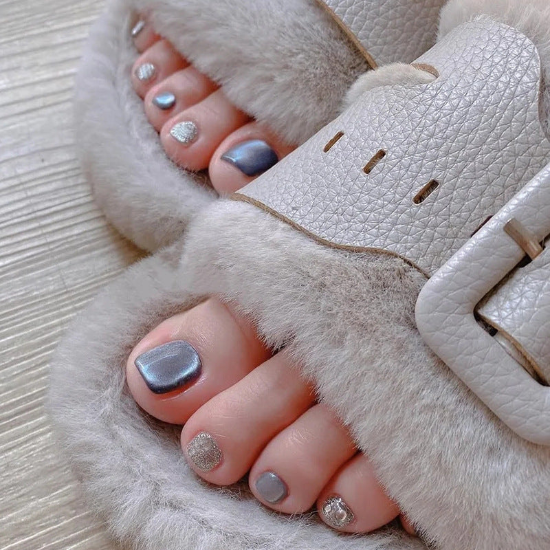 Whimsical Winter Wonderland Cozy Short Square Metallic Blue and Sparkling Silver Press-On Toenail Set