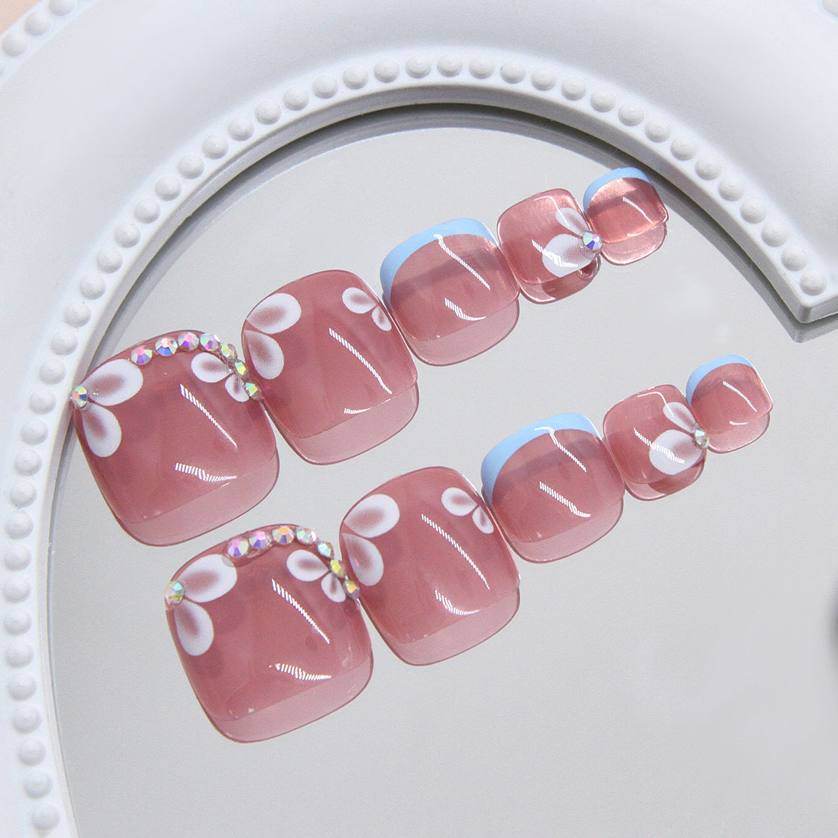 Blossom Beauty Short Square Pink Press On Toenail Set with Elegant Floral Design and Shimmering Accent Gems