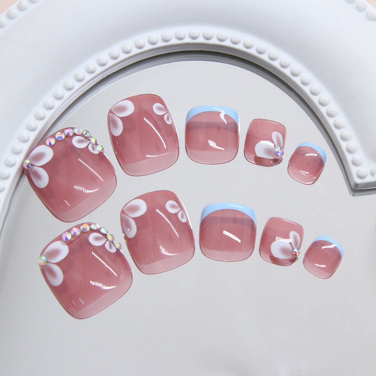 Blossom Elegance Short Square Pink Floral Design Toenail Set with Gemstone Accents