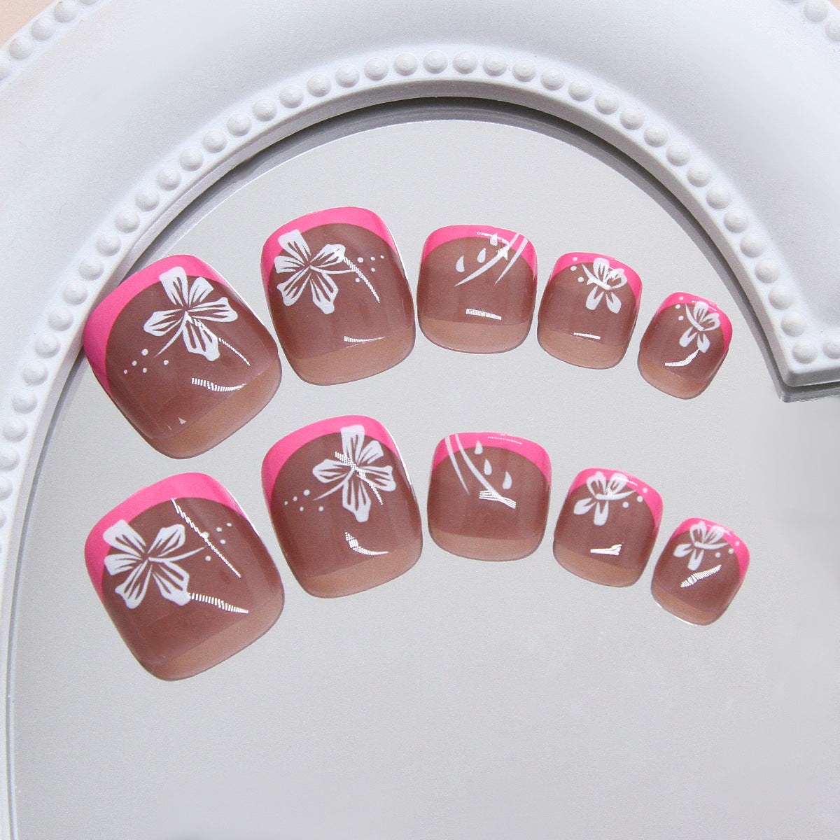 Tropical Bliss Short Square Press On Toenail Set in Medium Length with Pink Tips and Floral Designs