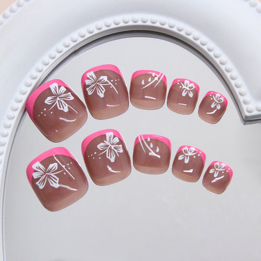 Tropical Bliss Short Square Press On Toenail Set in Medium Length with Pink Tips and Floral Designs