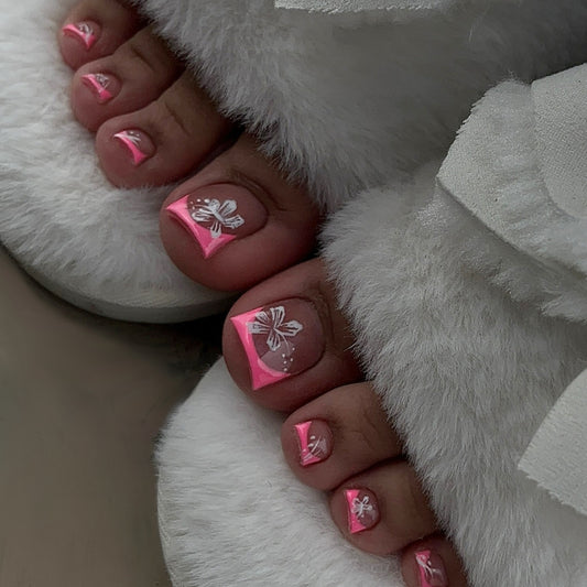 Tropical Bliss Short Square Pink Floral Toenail Set with Elegant White Butterflies