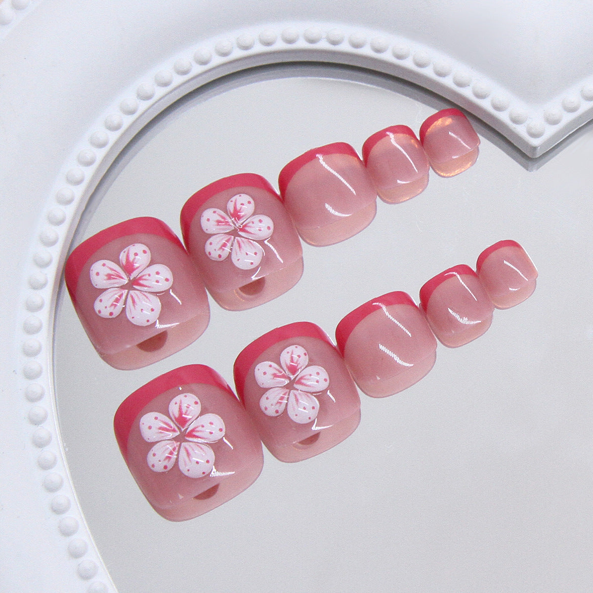 Blossom Bliss Elegant Short Square Pink Press-On Toenail Set with Charming Floral Design