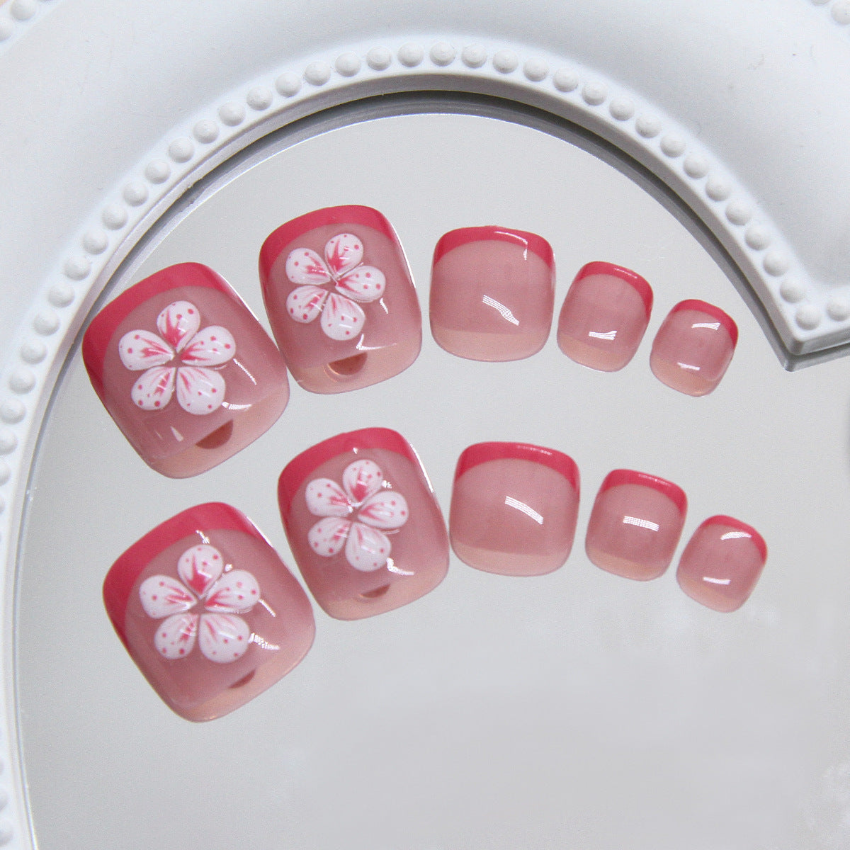 Caribbean Dream Short Square Press On Toenail Set Soft Pink with Floral Design