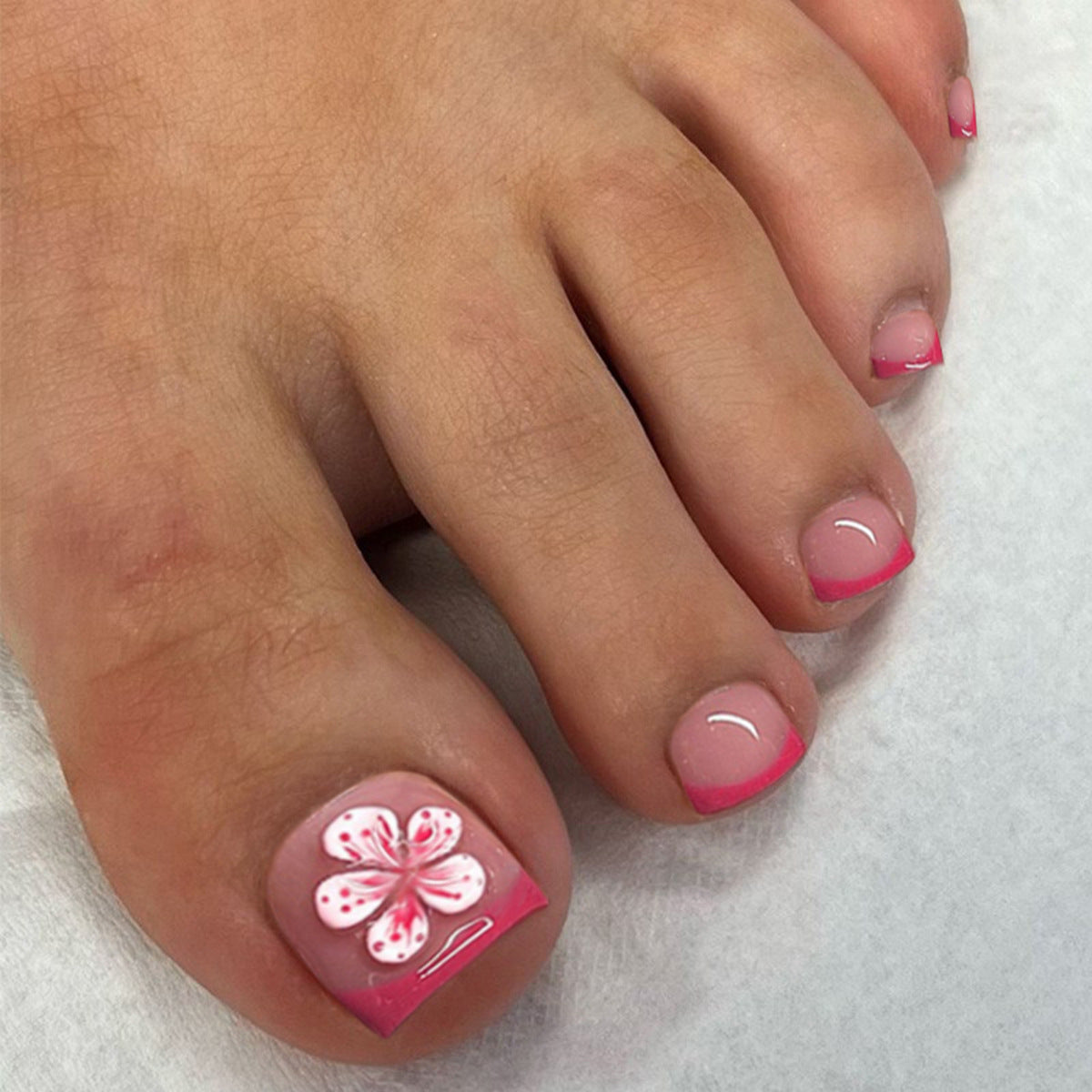 Tropical Bloom Short Square Pink Floral Accent Press On Toenail Set
