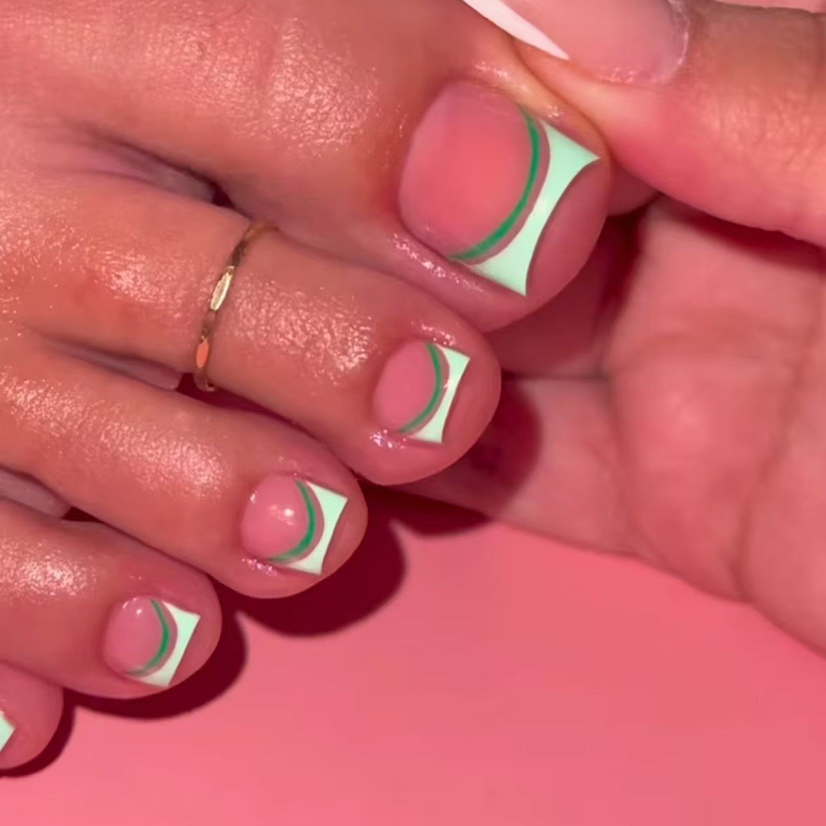 Tropical Oasis Short Square Mint Green and Pink Press On Toenail Set with Artistic French Tips