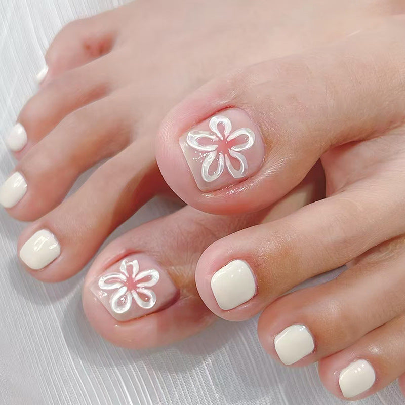 Tropical Bliss Short Square White Press On Toenail Set with Floral Accents