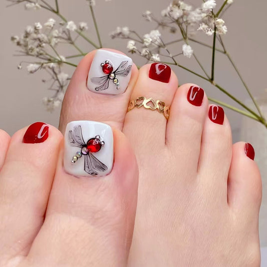 Charming Garden Press-On Toenail Set Short Square Length Glossy Red and Elegant Dragonfly Design