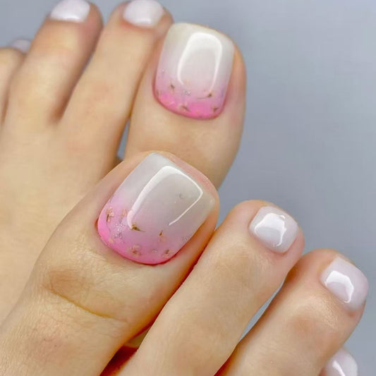Blossom Elegance Short Square Press On Toenail Set in Pastel Pink with Glittering Flower Accent