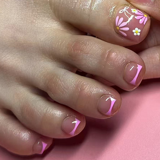 Whimsical Blossom Short Square Soft Pink with Charming Floral Accents Press On Toenail Set