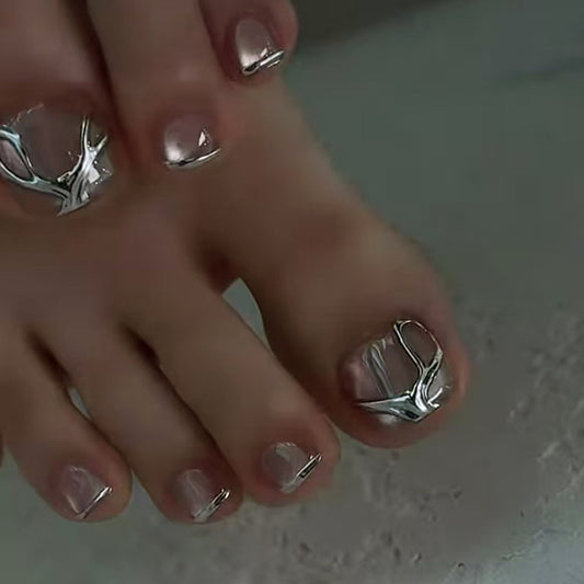 Enchanting Elegance Short Square Transparent Press On Toenail Set with Unique Silver Accents