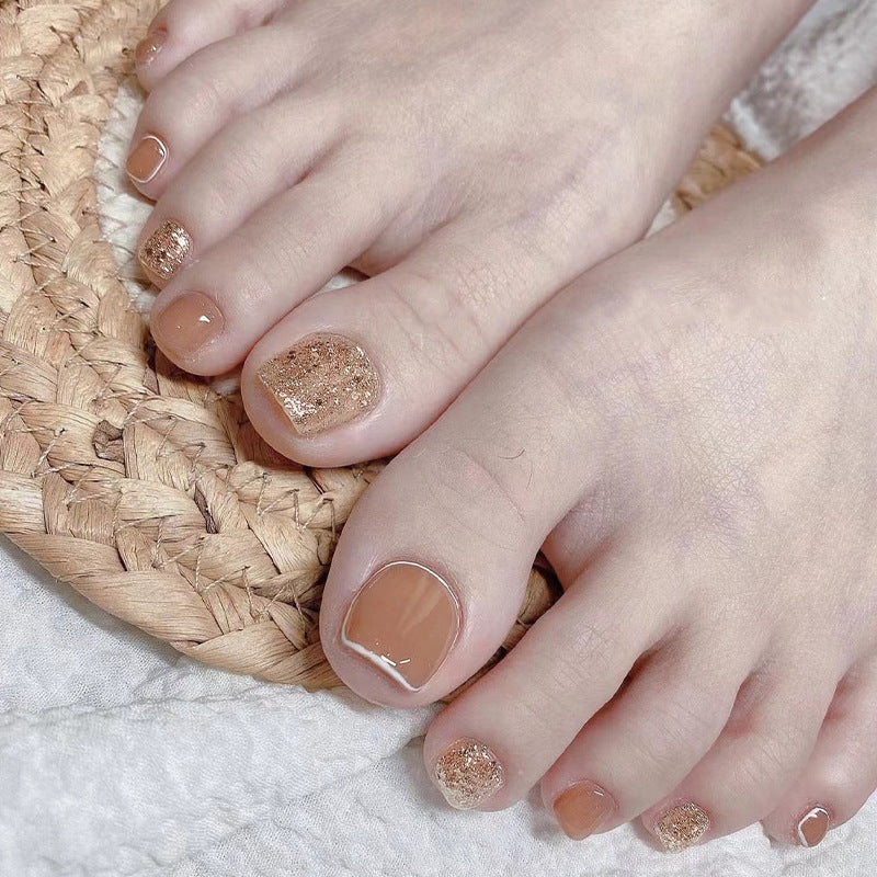Glamorous Golden Sunset Short Square Press On Toenail Set in Beige with Glittering Accent Touch