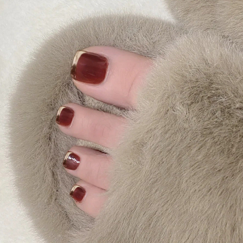 Cozy Autumn Vibes Short Square Deep Red Nails with Elegant Gold Tips