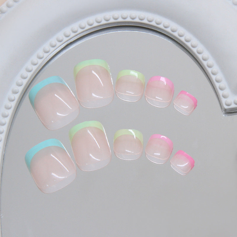 Whimsical Rainbow Dream Elegant Short Square Press On Toenail Set with Colorful Frosted Tips