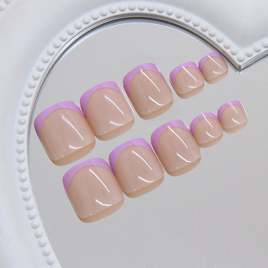 Chic Elegance Press On Toenail Set in Short Square Beige with Lavender French Tip Feature
